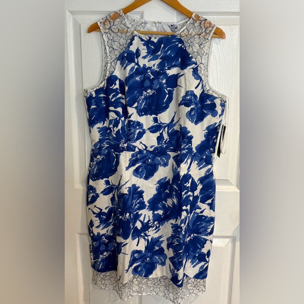Ivy + Blu Floral Blue Sleeveless Dress with Lace Detail